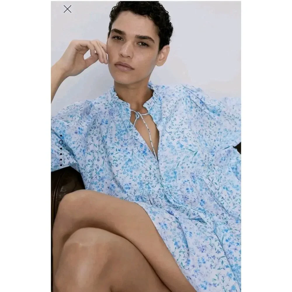 Zara Fancy Blue Poplin Cotton 3/4 Sleeve Dress Mini XS Loveshack Floral Print